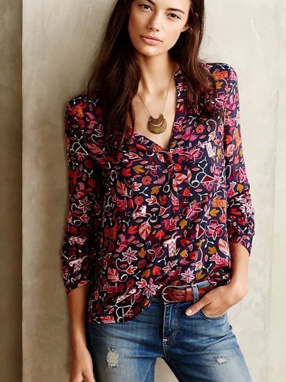 Anthropologie Maeve Navy Fall Floral Button-Down Blouse